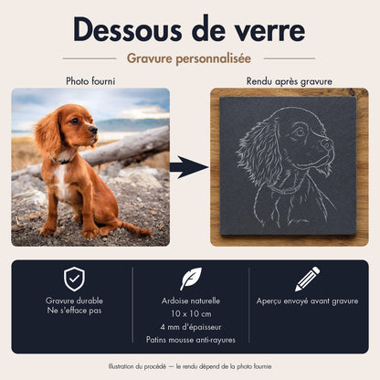 Dessous de verre en ardoise gravés - Portrait de votre animal