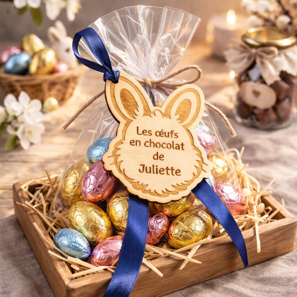 Étiquette de Pâques en Bois Personnalisée – “Les œufs en chocolat de …”