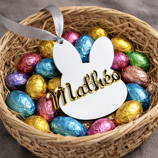 Étiquette Lapin de Pâques Personnalisée – Prénom en Acrylique Miroir