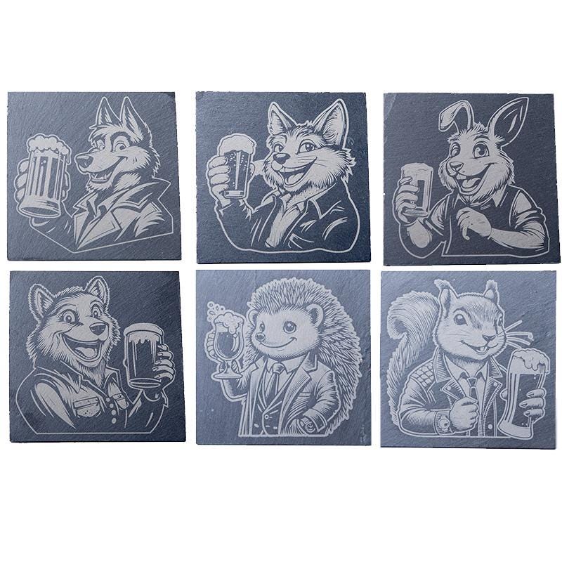 Dessous de verre en ardoise gravés - 6 Animaux