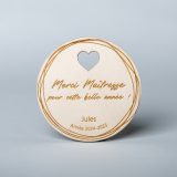 Carte en bois gravée avec message "Merci Maîtresse pour cette bonne année", modèle rond