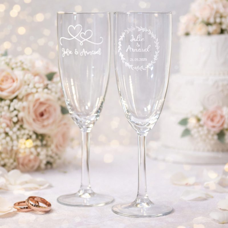Verre à champagne gravé au laser, parfait comme cadeau personnalisé pour les mariés.